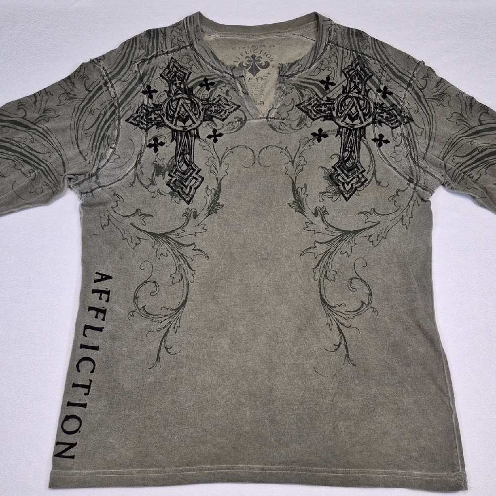 Affliction Gray Long Sleeve Tee with Black Cross Design